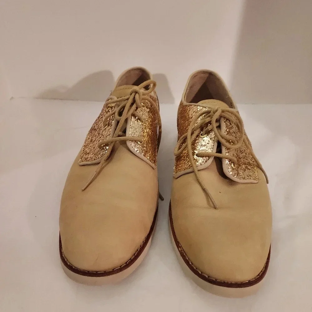 Sperry Top-Sider Beige and Gold Sequin Glitter Lace Up Oxford Shoes in Size 8.5M
